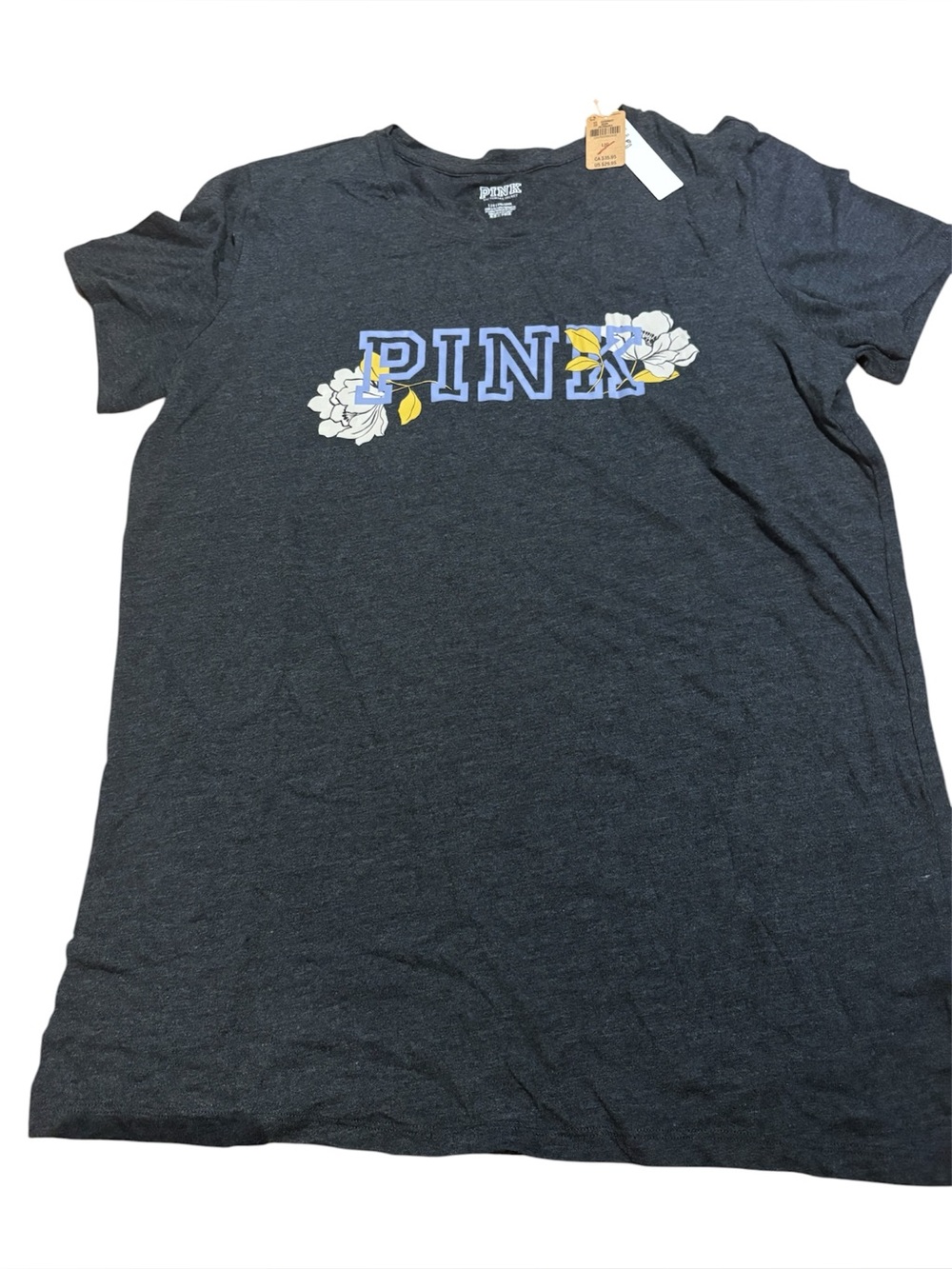 NWT PINK Victoria's Secret Charcoal Tee with Blue Logo and White Floral Accents